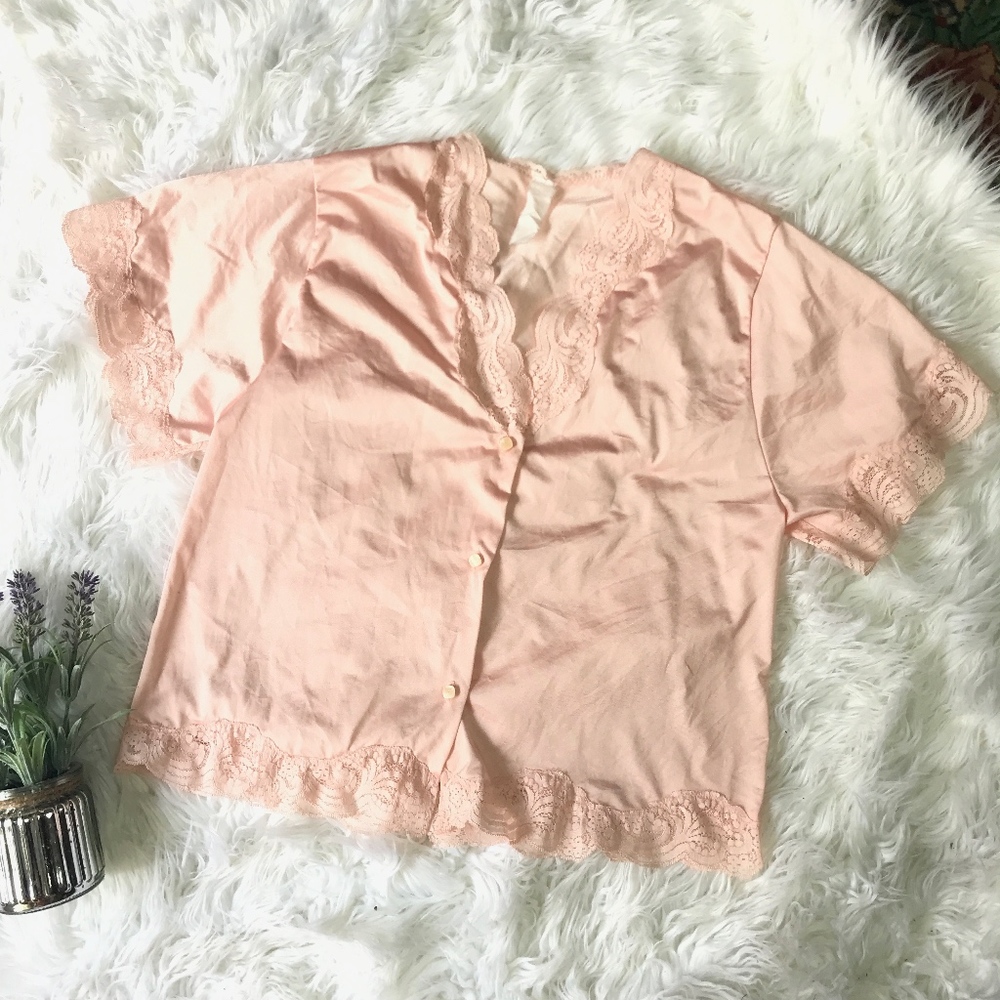 Vintage Pink Lace Nylon Short Sleeve Pajama Kimono